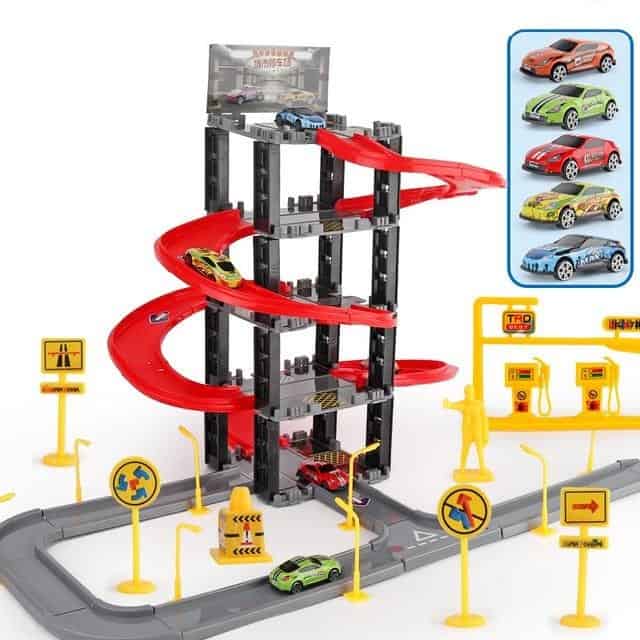 Bilgarage Leksak Parkering Med Vackra Bilar Och Väg